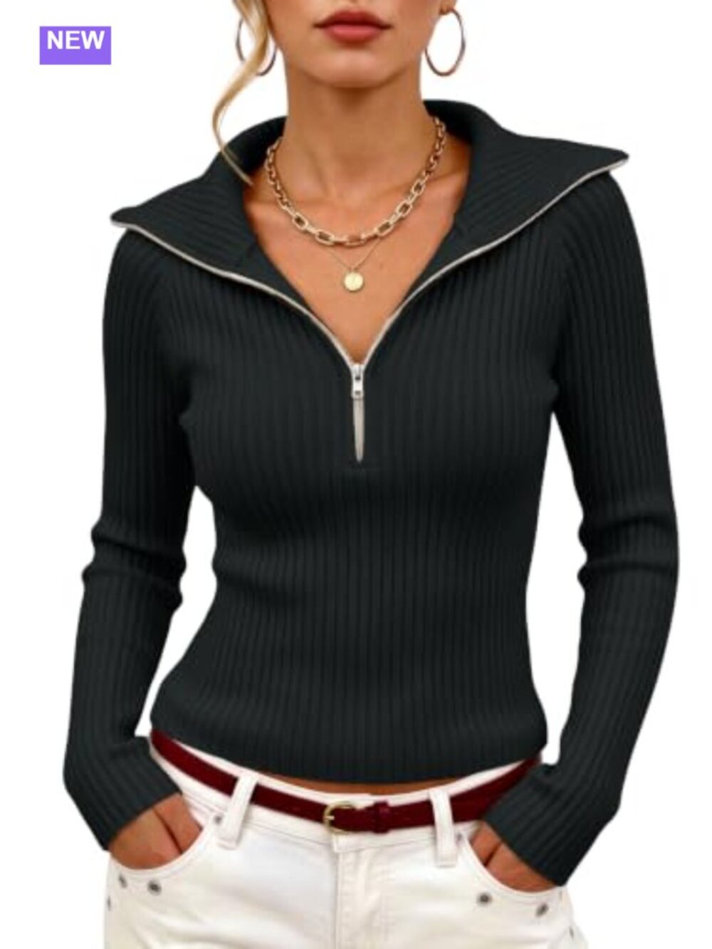 Women's Half Zip Collared Sweater Fitted Ribbed Knit Pullover